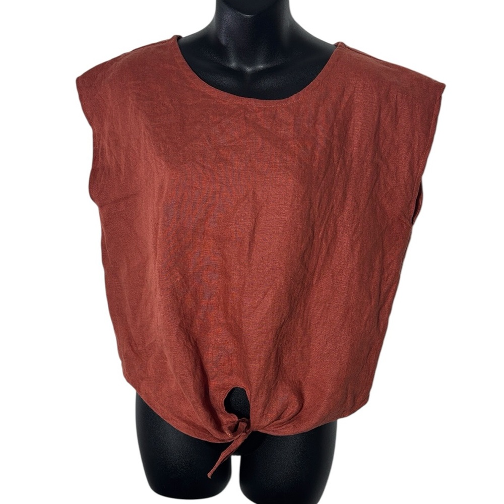 Women's Rust Tie-Front Linen Blouse